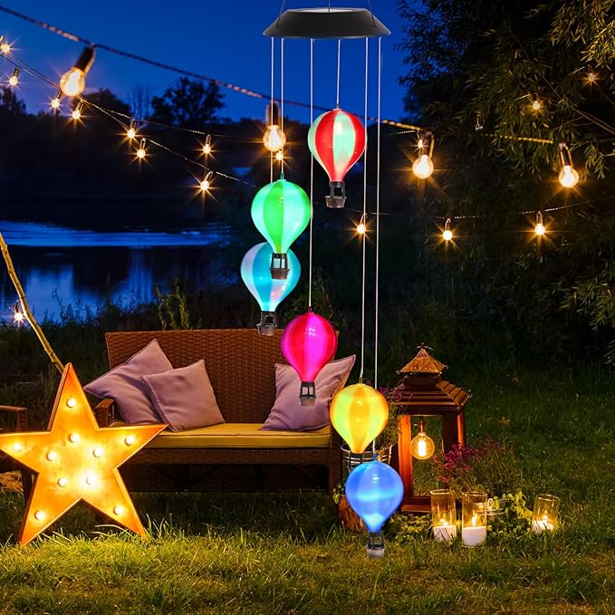 Solar Wind Chimes for Outside, Color Changing Hot Air Balloon Wind Chimes Solar Lights for Outside Garden Outdoor Patio Décor, Gifts for Mom Birthday Gifts for Women Grandma Wife Friend