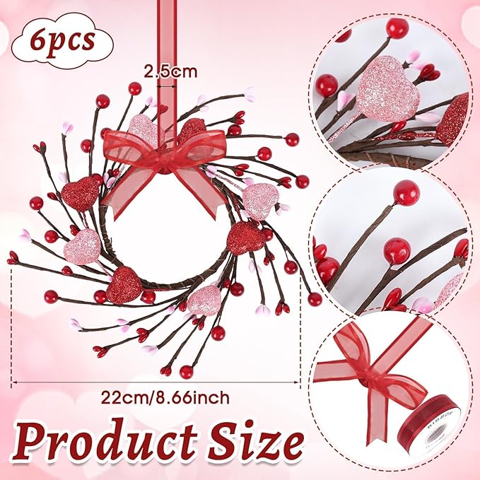 6 PCS Mini Valentine Wreaths for Cabinet Front Door Valentine Wreath Red Pink Glitter Heart and Berry Hanging Valentines Day Wreaths for Window Wedding Birthday Home Wall Porch Decoration
