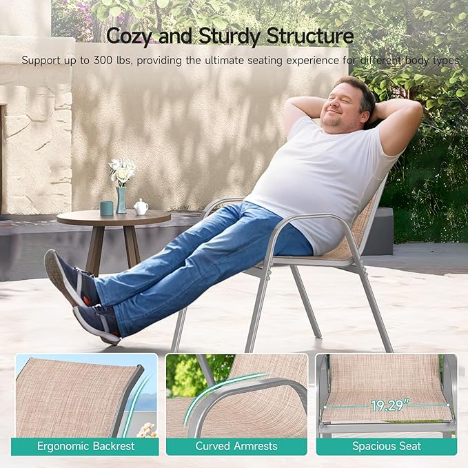 Patio Chairs Set of 2, Easily Set Up Stackable Outdoor Dining Chairs with High Back and Wide Seat, All Weather Breathable Outdoor Chairs Set of 2 with Metal Frame for Backyard Deck Pool, Beige
