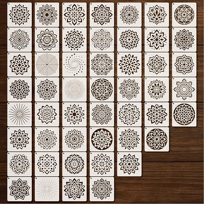Stencils 4in 50pcs Craft Paint Template Reusable Plastic Templates Mandala Style DIY Crafts Stencil Decoration for Fabrics Window Wall Home Wood(4inch 50 Pack)