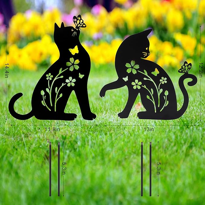 2 Packs Cat Garden Decor for Outside, Cat Gifts for Women/Men/Mom/Grandma, Metal Decorative Garden Stakes for Outdoor Lawn Statues Yard Art