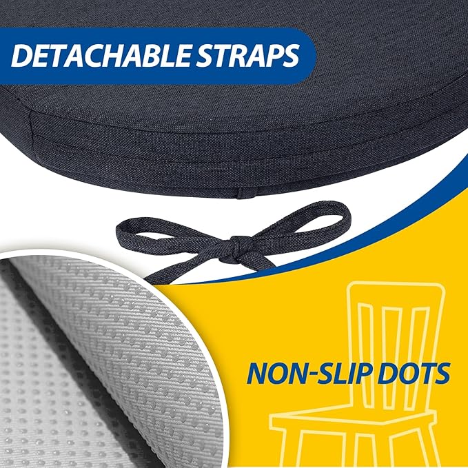 AAAAAcessories D-Shaped Chair Cushions, 2" Thick Dining Chair Pads with Ties and Removable, Machine-Washable Cover, 17" x 16", Set of 8, Charcoal Gray