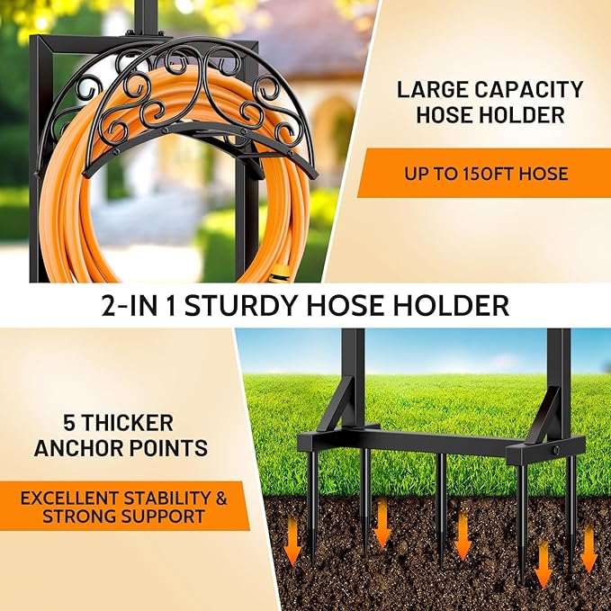 Garden Hose Holder for Outside - Upgraded Water Hose Holders with 5 Spikes & 2 Shepherds Hooks, Freestanding Hose Stand Heavy Duty Hose Hanger Hose Storage Hose Reel Rack for Outside Yard Lawn | for Outside, Upgraded, Hose Stand, Heavy Duty, Hose Hange...