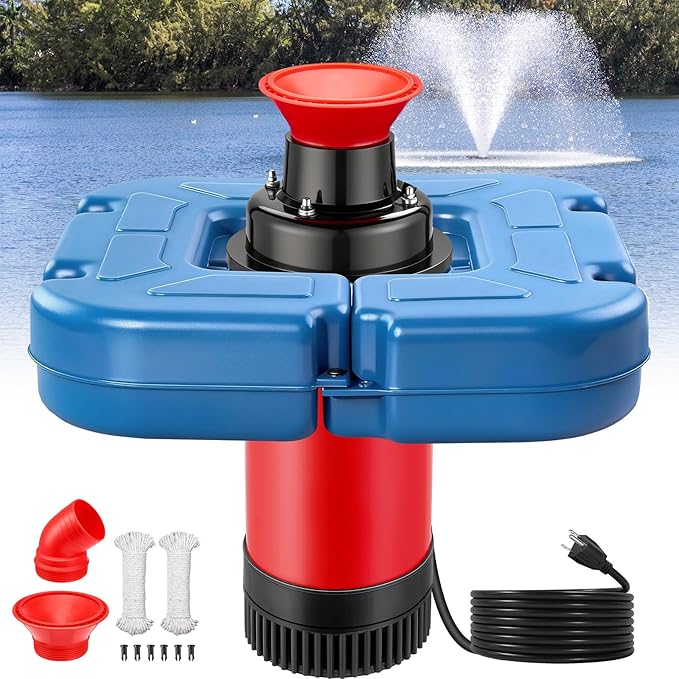 SURAIELEC Pond Fountain Aerator with Larger Floater, 1HP 15000 GPH Floating Aerating Pump for Outdoor Ponds, Lakes, 2 Nozzles for Fountain & Irrigation, 50 Ft Power Cord, Guide Ropes Included