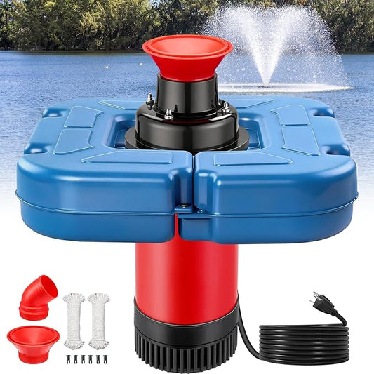 SURAIELEC Pond Fountain Aerator with Larger Floater, 1HP 15000 GPH Floating Aerating Pump for Outdoor Ponds, Lakes, 2 Nozzles for Fountain & Irrigation, 50 Ft Power Cord, Guide Ropes Included