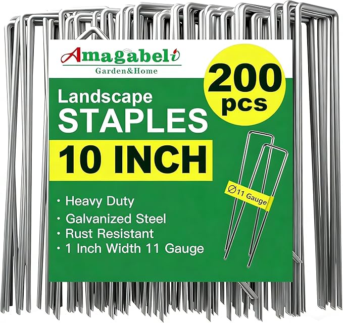 AMAGABELI GARDEN & HOME 10 Inch 200 Pack Galvanized Landscape Staples 11 Gauge Garden Staples Landscaping Staples Heavy Duty U-Shaped Tent Stakes Pins Garden Stakes for Weed Barrier Fabric Tubing Lawn