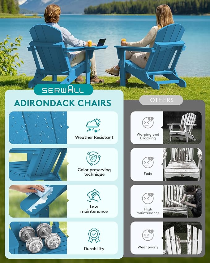 SERWALL Folding Adirondack Chair Set of 4, Outdoor Adirondack Chairs with 4 in 1 Cup Holder, Wood Texture Patio Chairs, Weather Resistant Fire Pit Chairs for Patio Deck Garden, Backyard - Sapphire
