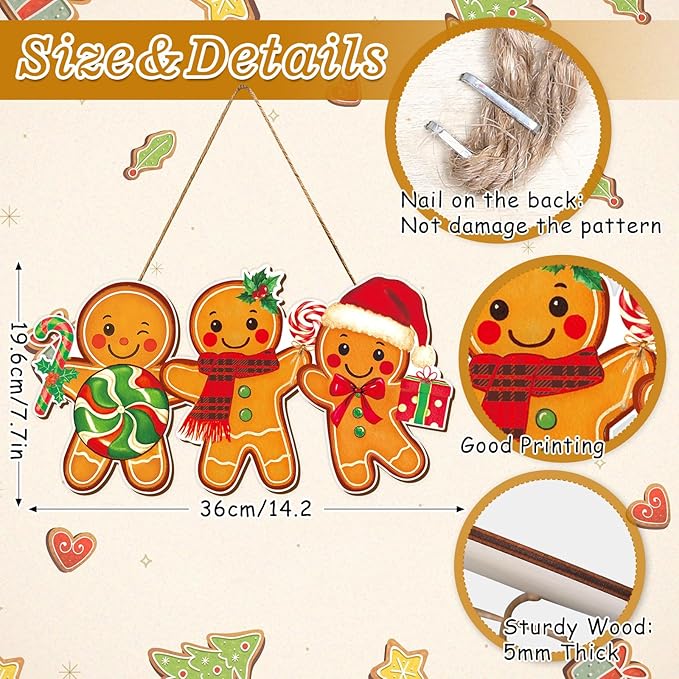 Whaline Christmas Wooden Hanging Sign Gingerbread Man Candy Welcome Wood Sign Xmas Holiday Door Decor Signs for Indoor Outdoor Porch Wall