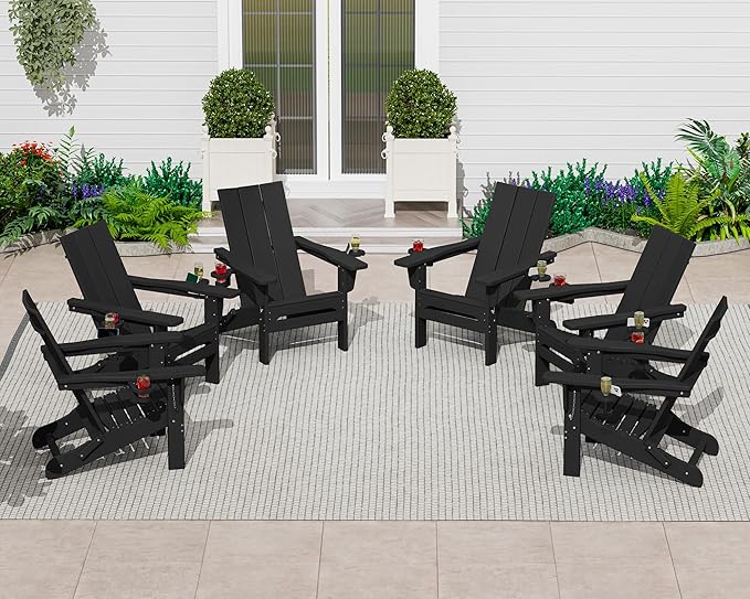 SERWALL Double Cups Adirondack Chair Set of 4, Folding Modern Adirondack Chairs, HDPE Outdoor Adirondack Chair for Patio, Black