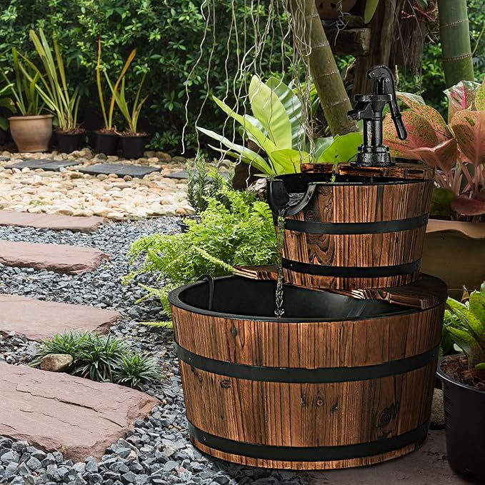 Giantex 2-Tier Barrel Waterfall Fountain Outdoor, Rustic Wood Barrel Cascading Water Fountain with Electric Pump, Outdoor Water Feature with Decorative Hand for Garden Patio Backyard Lawn Porch