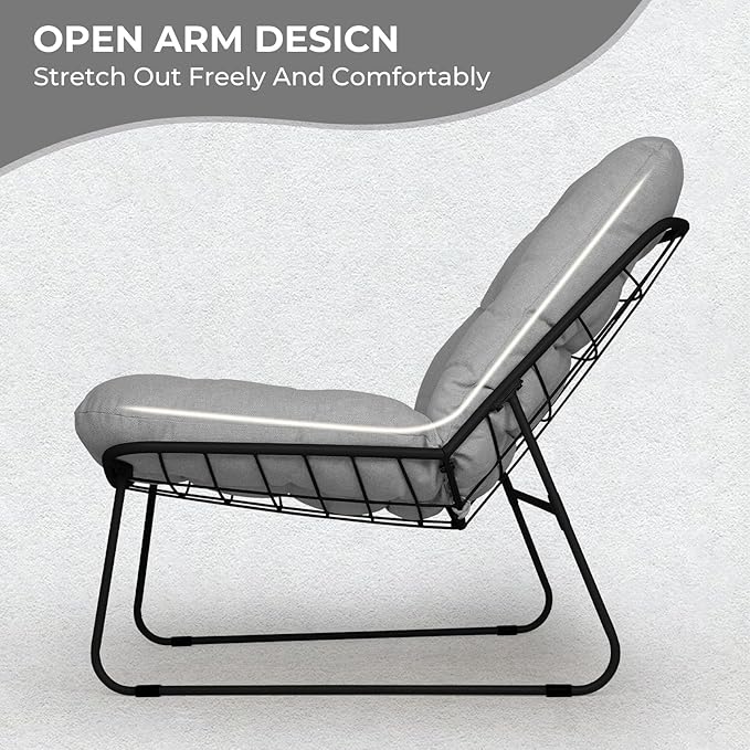 Grand patio Modern Accent Chair, Metal Outdoor Lounge Chair with Soft Cushion,Comfy Papasan Chair for Patio Backyard Porch Deck Bedroom, Weather Resistant and Easy to Maintain, Light Gray