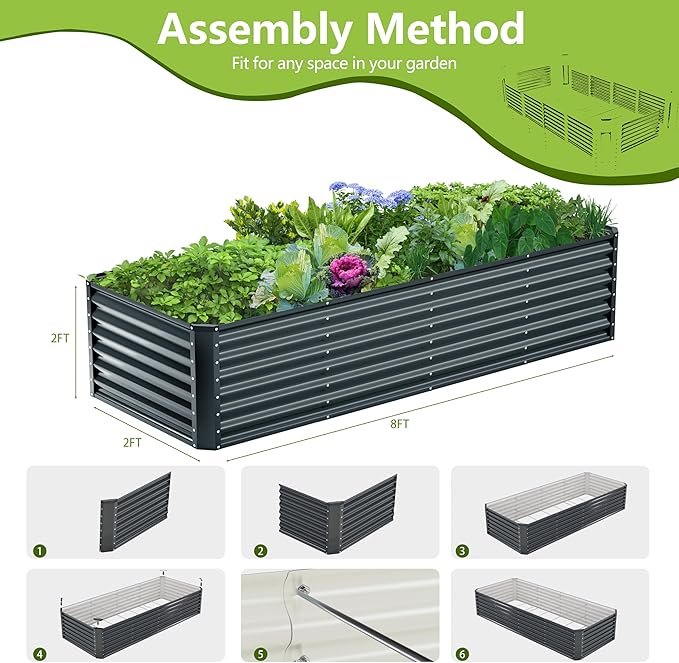 8x2x2FT Galvanized Raised Garden Bed Kit, Galvanized Planter Raised Garden Boxes Outdoor, Large Metal Raised Garden Beds for Vegetables-Grey