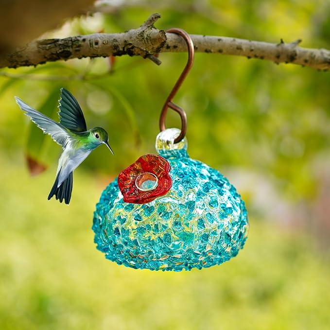 Hand Blown Glass Hummingbird Feeder for Outdoors Hanging Glass Humming Bird Feeder for Garden Backyard Decor