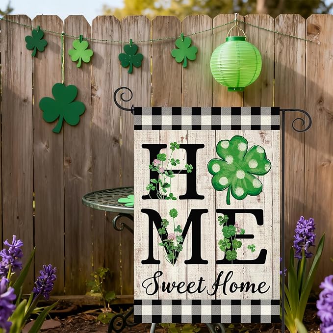 ORTIGIA St Patricks Day Garden Flag Burlap Vertical Double Sided Shamrock Lucky Green Clover Garden Flag Holiday Yard Flag Outside Outdoor Decor 12.5x18 Inch