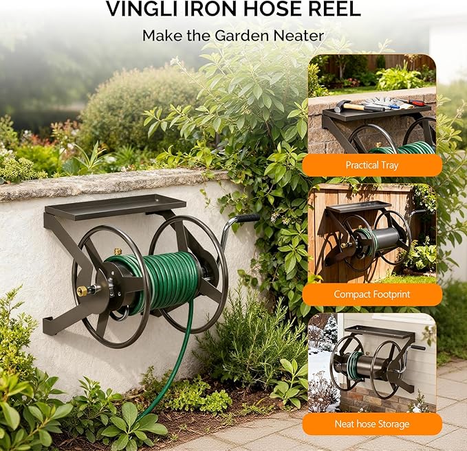 VINGLI Garden Hose Reel, Wall Mount Water Hose Reel for Garden Outside with Heavy Duty Space Saving Rolling Design Metal, 175FT Capacity for 3/4" Hose for Outdoor Use (Bronze)
