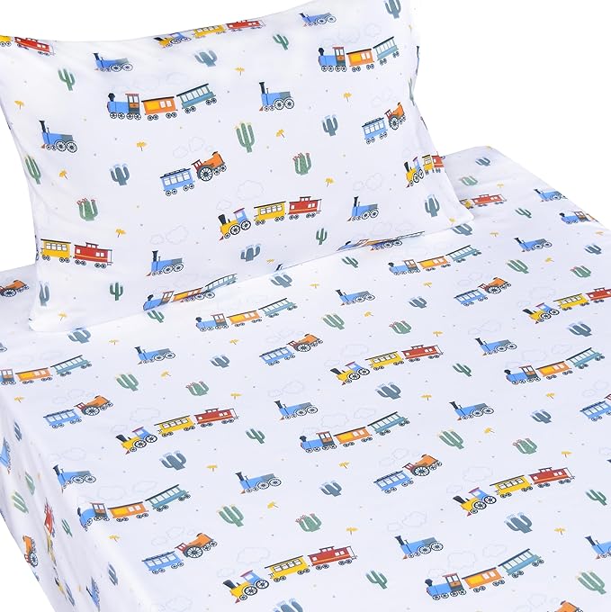 Scientific Sleep Little Train Cactus Cute Fun 100% Cotton Cozy Twin Bed Sheet Set, Flat Sheet & Fitted Sheet & Pillowcase Kids Boys Bedding Set (Trains, Twin)