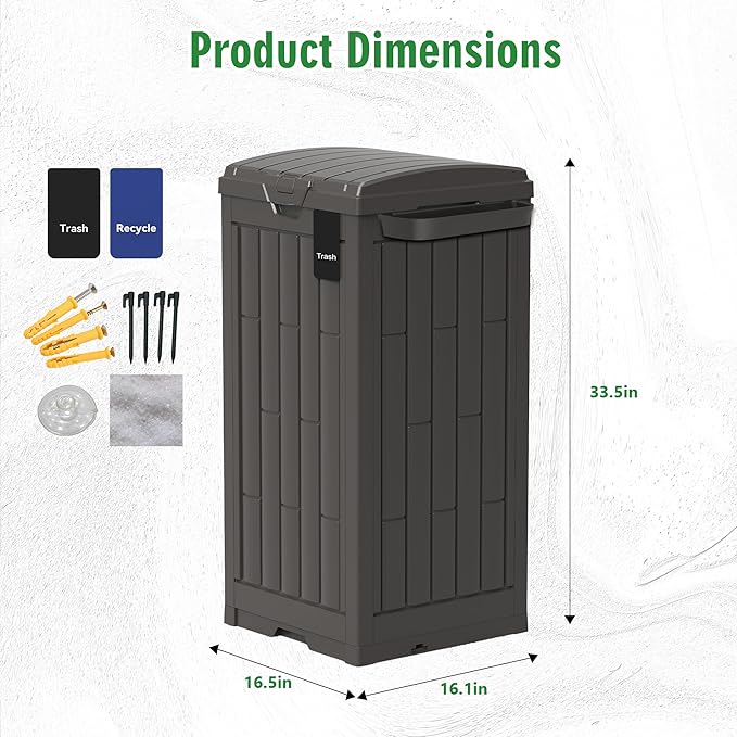 Outdoor Trash Can, 30 Gallon Garbage Can with Tiered Lid and Drip Tray, Waterproof Resin Waste Bin for Patio, Garden, Backyard, Deck, Brown