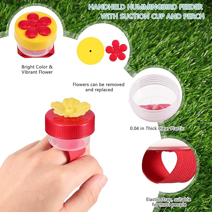 Zopeal 4 Pieces Hummingbird Wrist Feeder for Outdoor Hummingbird Hand Feeder Feeding Perch Feed with Adjustable Strap Flower Held Mini Hand Feeding Tools (Ring Style)