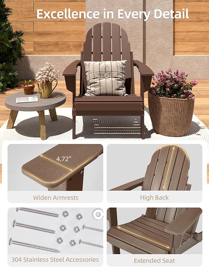 Folding Adirondack Chair - Durable HDPE Poly Lumber All-Weather Resistant, Foldable Oversized Balcony Porch Patio Outdoor Chair for Lawn, Backyard, Deck, Garden, Camping - Easy Installation, Teak