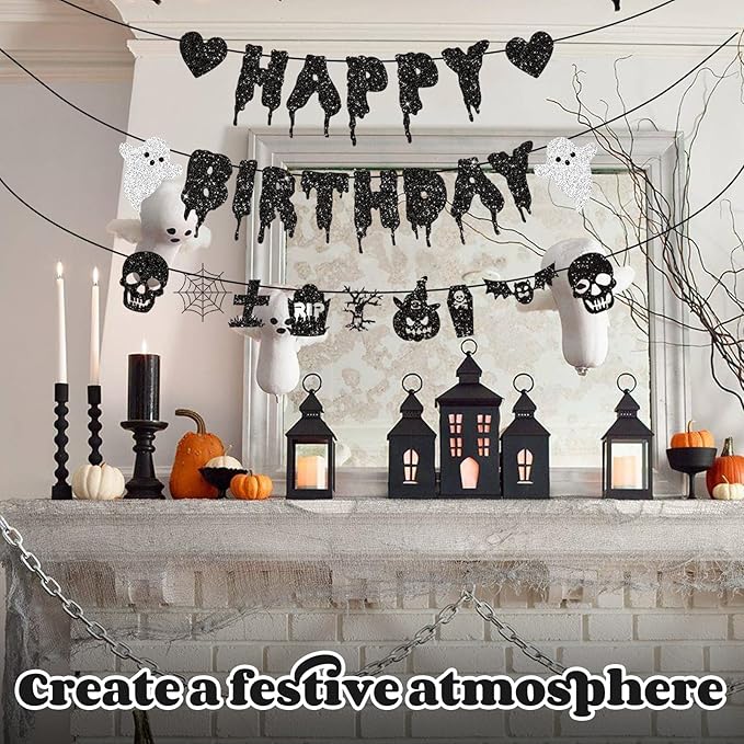 Black Glitter Halloween Happy birthday Banner Halloween Banner Party Decorations Party Supplies Decoration Birthday Decorations Baby Shower Unisex Decoration