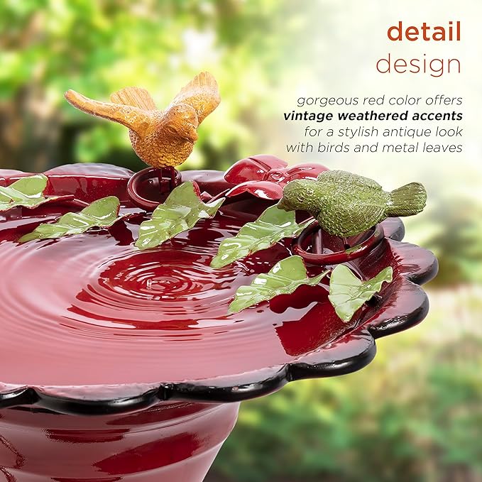Alpine Corporation - 28" Tall Outdoor Metal Birdbath with Birds and Leaves Yard Statue Decoration, Red – Stunning Garden Accent to Attract Birds - Durable Construction for Patio, Deck, or Yard
