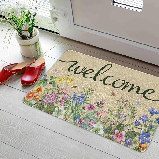 Welcome Floral Decor Doormat, Home Spring Summer Flower Front Door Mats, Indoor Outdoor Non Slip Reusable Entrance Rug 17"x30"
