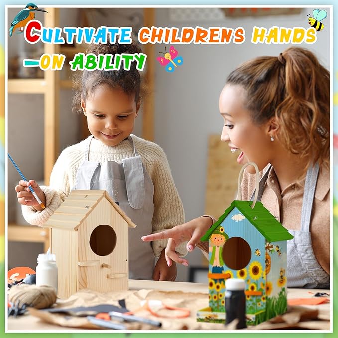 Liliful 1 Pack Birdhouse Kit DIY Wooden Bird House with Paint and Paintbrushes Arts and Crafts Painting Kits for Boys Girls Adults Build Paint Classroom Birthday Indoor Outdoor Craft