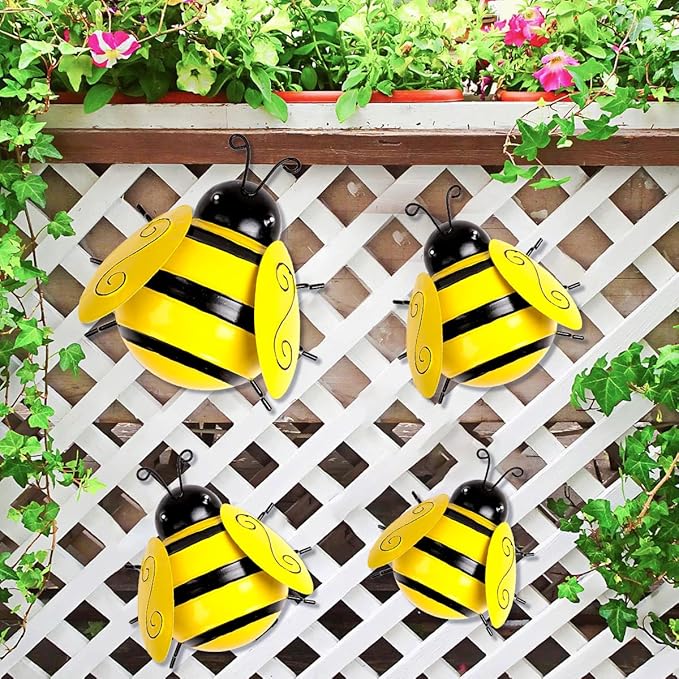 MACLARONX 4 PCS Metal Bumble Bee Garden Decor Outdoor Honey Bee Fence Yard Art Outside Patio Home Wall Decoration