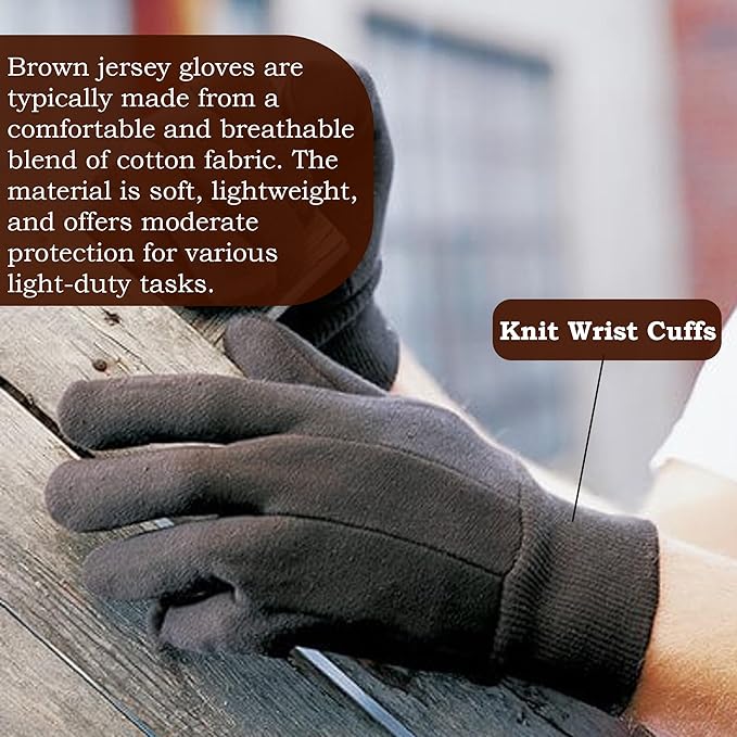 Brown Jersey Gloves – Large, US Clute Pattern with Knit Wrist Cuff, Jersey Gloves for Men (2 Pairs and 12 Pairs)