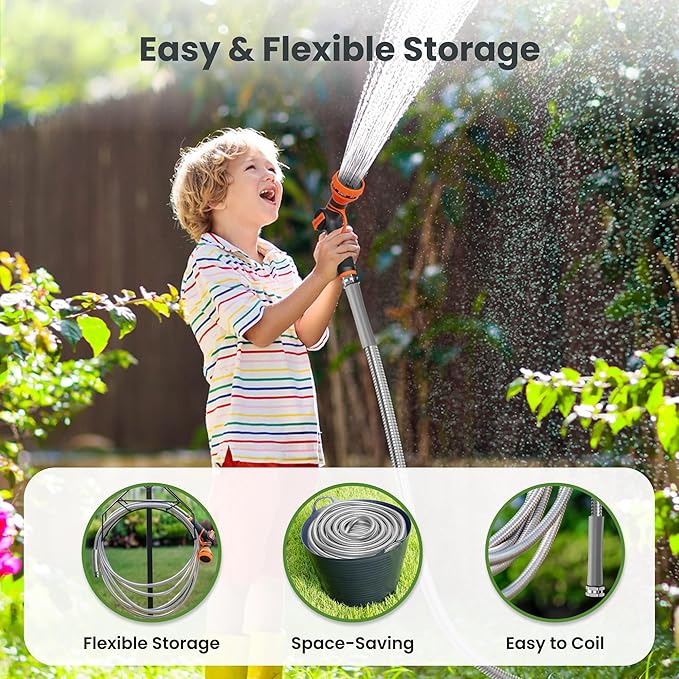 Giraffe Tools Garden Hose 100ft x 3/4", 304 Stainless Steel Metal Water Hose, No Kink Garden Water Hose with 9 Pattern Spray Nozzle, Flexible, Lightweight, Kink Free Hose for Yard, Outdoor