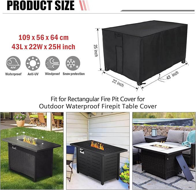 Rectangular Fire Pit Cover 43 inch, Propane Gas Fire Pit Table Cover,Outdoor Waterproof Firepit Table Cover - 43 X 22 X 25 Inch