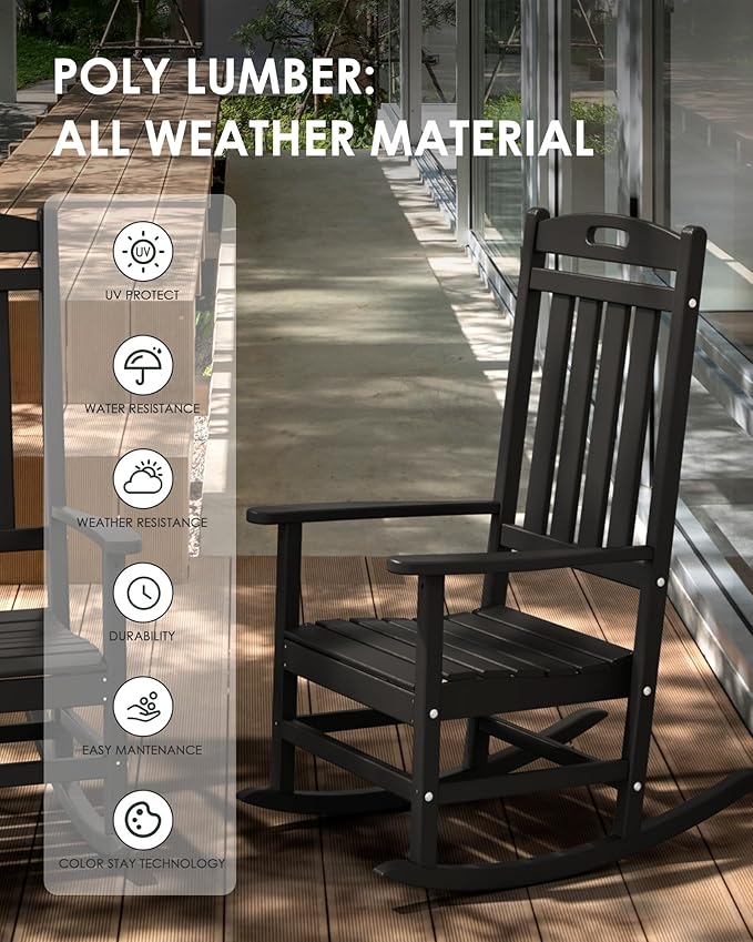 Outdoor Rocking Chair Set of 6, High Back Plastic Patio Rocking Chairs for Outside Porch Rocker Garden Lawn, All-Weather Resistant Poly Lumber Rocker Chair Outdoor, Lime