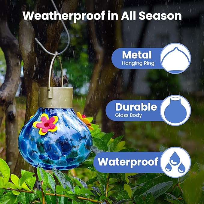 Hummingbird Feeder with Solar Light, Glass Hummingbird Feeder for Outdoors, Auto-Lighting Solar Light for Garden Decor, 3 Ports Attract More Birds, Waterproof Lamp, Ideal Gift, Blue