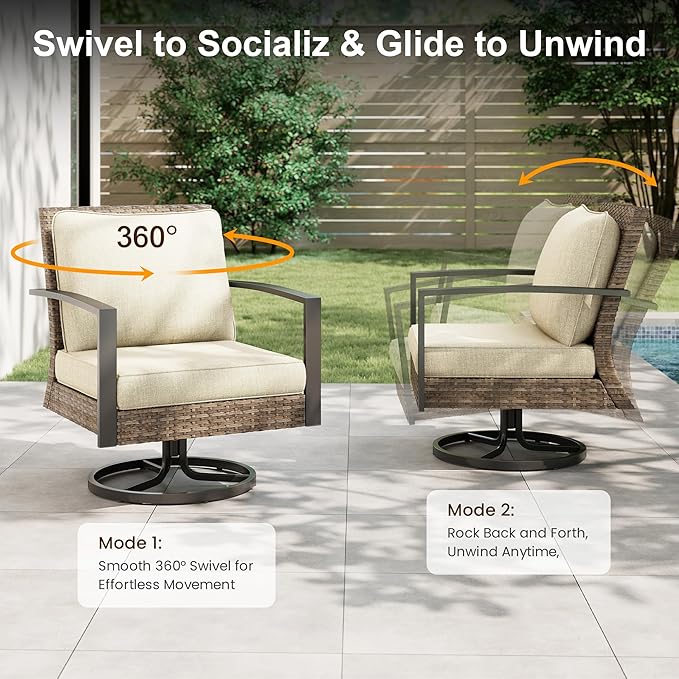 Green4ever 3-Pieces Patio Swivel Rocking Chairs Rocking with Sidetable, Metal Outdoor Rocking Chair, All Weather Rattan Patio Chairs for Porch, Bistro, Balcony, Beige