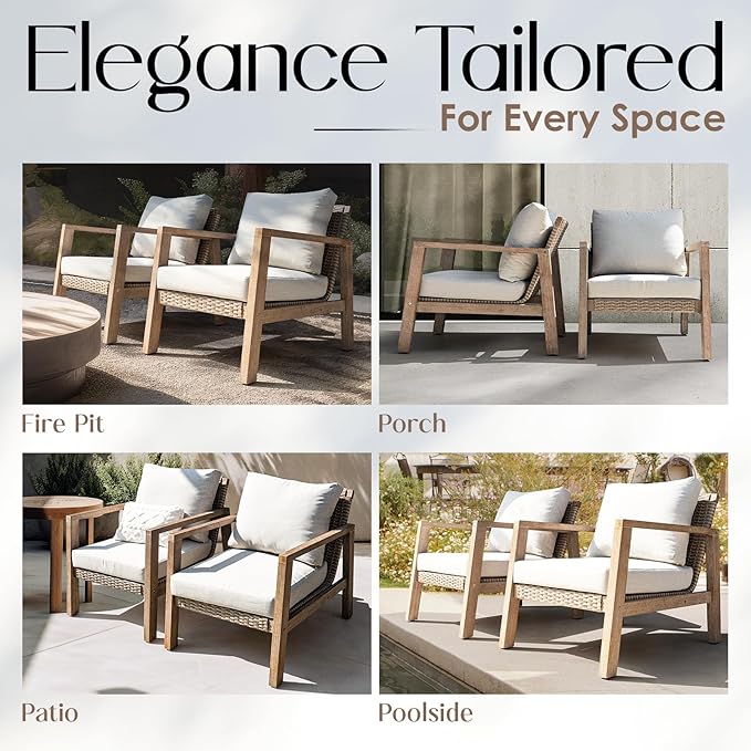 Idzo Olivier Eucalyptus Outdoor Club Chairs Set of 2, 400lbs Heavy Duty Wood Patio Furniture Set, Ergonomic Slanted Backrest Design, 4.5in Thick Cushion