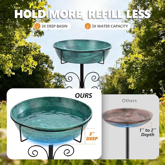 3" Deep 43" Tall Metal Bird Bath for Outdoors, 12" Dia Removable Bird Baths Water Bowl for Outside, Vintage Standing Birdbaths with Stable Stake for Garden Yard Lawn Decor 1.4 Gallon, Blue-Green