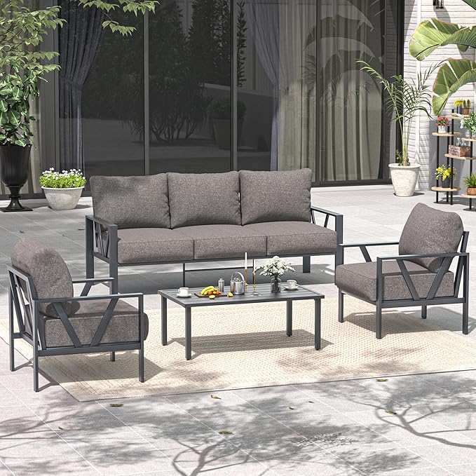 Outdoor Patio Furniture Set, 4 Pieces Metal Patio Furniture Set with Coffee Table, Modern Outdoor Patio Conversation Seating Set, Grey