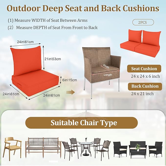 Outdoor Deep Seat Cushion Set, Fade Resistant Patio Chair Cushions, 24x24x6 Inch Patio Sofa Furniture Pad with Removable Cushion Covers (Orange, 24''Lx24''Wx6''H-2pcs Set)