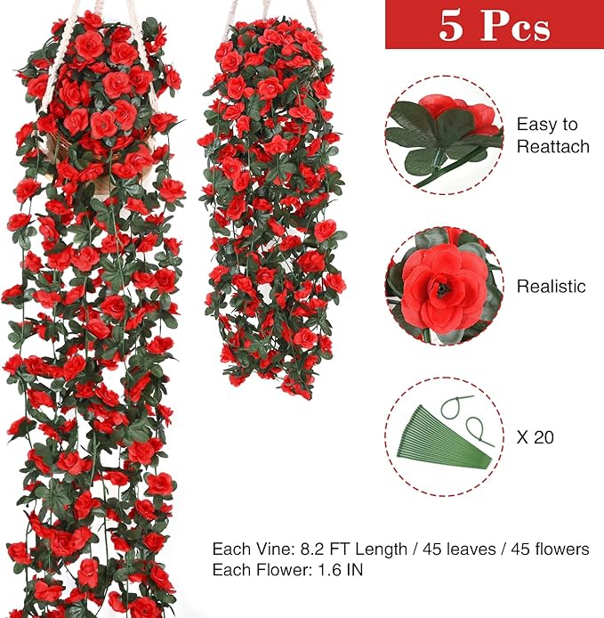 BLEUM CADE 5Pcs 41Ft Flower Garland Artificial Rose Vines for Bedroom, Cute Fake Hanging Flower Vines Floral Garland Decorations for Wedding Party Wall Room Decor Aesthetic