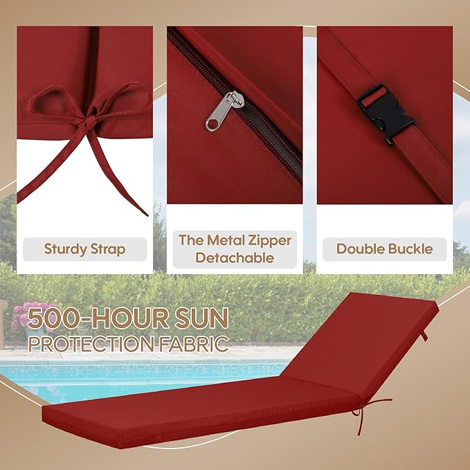Only choice Outdoor Chaise Lounge Cushion Set of 2, 75" x 24" Lounge Chair Cushion Water-Resistant & Fade-Resistant for Lawn, Pool, Replacement Seat Cushion for Patio (Red)