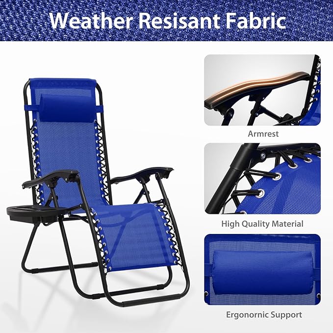 Zero Gravity Chairs, Portable Folding Reclining Lounge Chairs with Adjustable Pillow and Cup Holder Trays for Outdoor, Patio, Beach, Camping, Garden, Poolside, Set of 2 Royal Blue