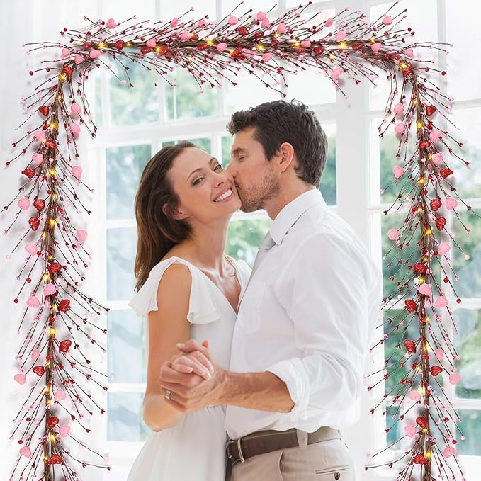 6.5 Ft Valentine's Day Berry Garland Twig Red Pink Berry Glitter Hearts Garland with LED Lights Artificial Vine for Valentines Wedding Anniversary Fireplace Mantel Table Home Wall Indoor Party Decor