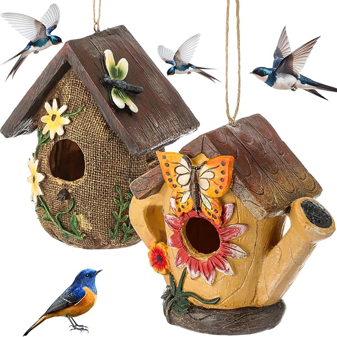 2 Pcs Decorative Birdhouse for Outdoor Hanging Bird Houses for Outside Colorful Decorative Cute Resin Birdhouses for Outside Indoors Garden Backyard Decor, Gift for Bird Lovers(Novel)