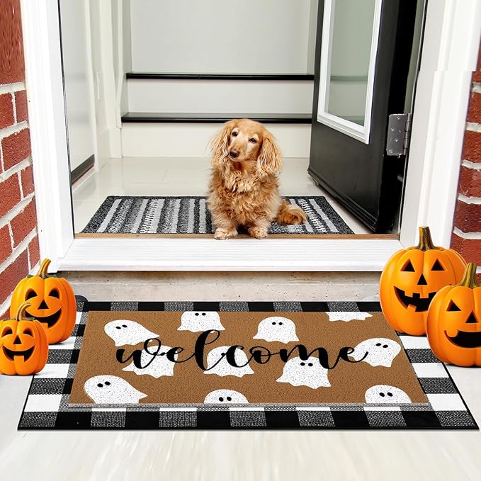 Tinideya 2 Pcs Halloween Door Mat White Ghost Welcome Non Slip Coir Mats Black White Buffalo Plaid Floor Layering Doormats Seasonal for Front Porch Entryway Decor(Plaid Ghost)