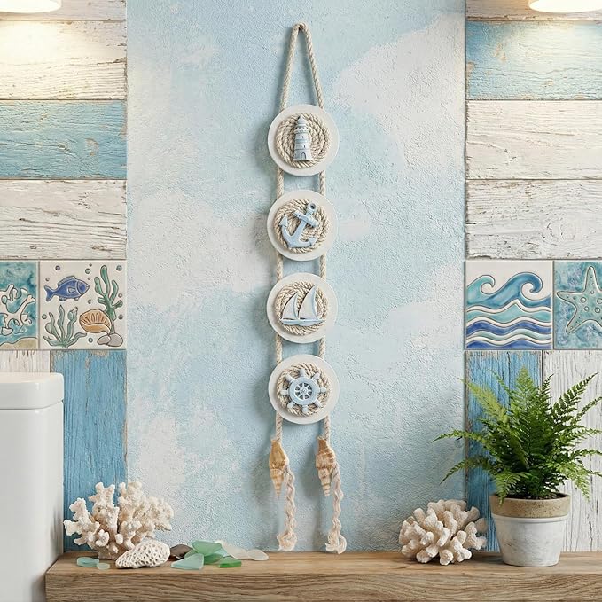 flangairy Coastal Wall Decor, 3D Lighthouse Anchor Seashell Sailboat Ship Wheel Beach Conch Wall Hanging Art, Nautical Ocean Beachy Themed Room Bathroom Decorations for Home