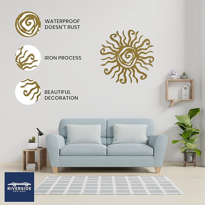 Riverside Designs Wacky Sun Metal Wall Art Indoor/Outdoor Decor - 18" Gold Rust Proof Wall Sculpture - Made in USA - Ideal for Bedroom, Garden, Home, Patio and Farmhouse
