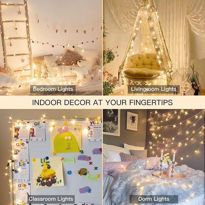 suddus 100 LED String Lights with Remote Control, 33ft Connectable Clear Wire Fairy Lights, 8 Modes & Timer Dimmable, Waterproof Plug in Twinkle Lights for Bedroom, Patio, Christmas Tree - Warm White