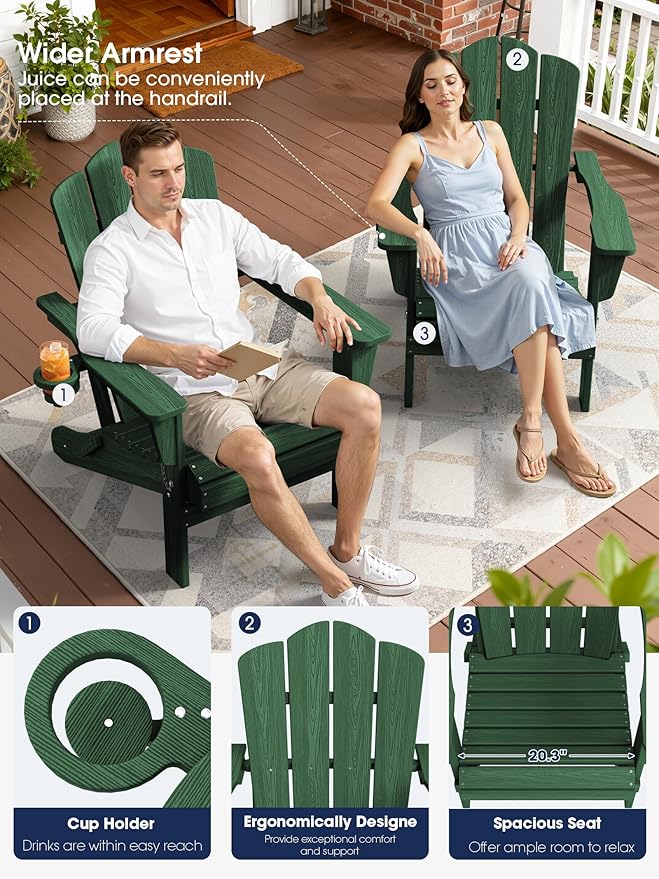 KINGYES Folding Adirondack Chair Set of 6, HDPE All-Weather Folding Adirondack Chair, Green