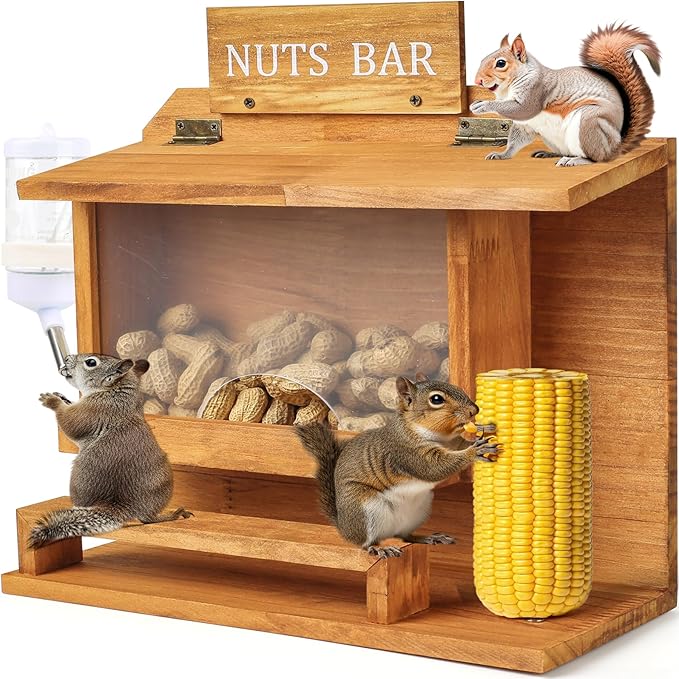 Nut Bar Squirrel Feeder, Squirrel Feeders for Outside, Extra Large 11.8" Squirrel Picnic Table Feeder with Water Bottle, Wooden Funny Chipmunk Feeder Box, No Assembly Required