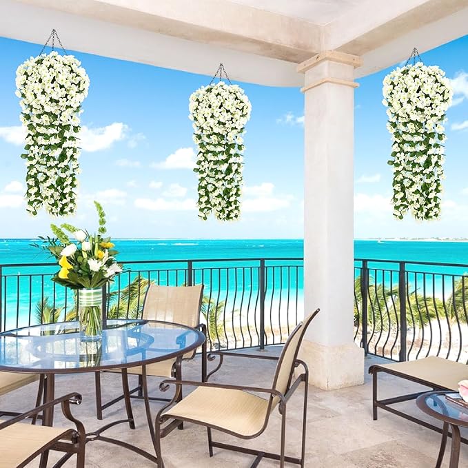 Ouddy Decor 4 Pcs Artificial Hanging Flowers Fake Hanging Plants Violet Flowers Vine Garland for Home Indoor Outdoor Garden Patio Porch Yard Wedding Decoration, White